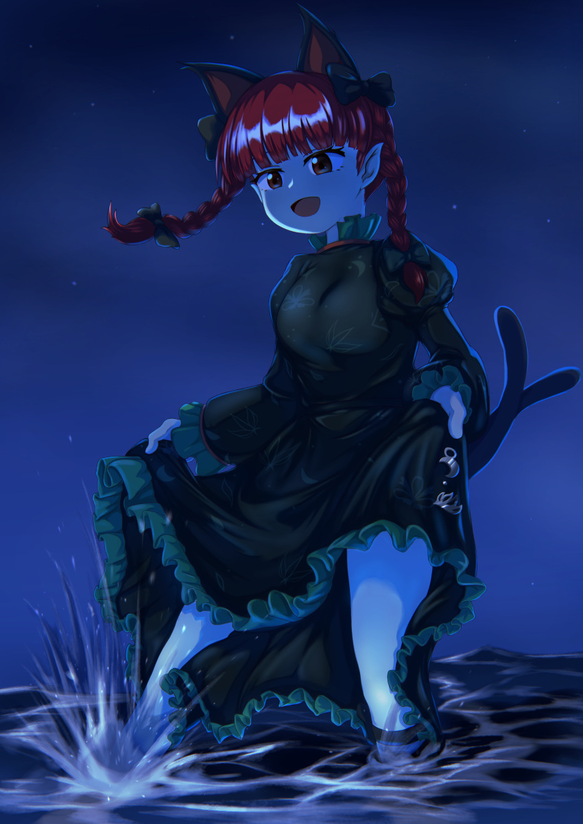 1girl absurdres animal_ears black_dress blunt_bangs bow braid cat_ears cat_girl cat_tail dress extra_tails hair_bow highres kaenbyou_rin lifted_by_self long_sleeves night night_sky pointy_ears red_eyes red_hair sky solo suke_(rf6tk) tail thigh_strap touhou twin_braids water
