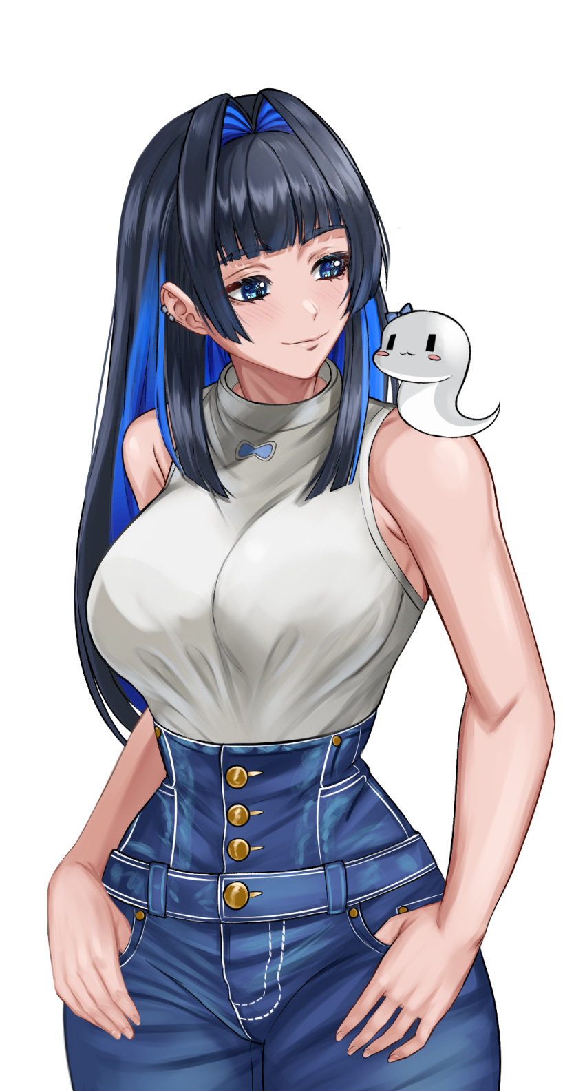 1girl black_hair blue_hair boros_(ouro_kronii) breasts closed_mouth colored_inner_hair commentary cowboy_shot creature creature_on_shoulder curvy denim ear_piercing hair_intakes hands_in_pockets high-waist_pants highres hololive hololive_english jeans large_breasts looking_at_animal looking_to_the_side multicolored_hair narrow_waist official_alternate_costume on_shoulder ouro_kronii ouro_kronii_(3rd_costume) pants piercing sacrokies shirt simple_background sleeveless sleeveless_shirt smile snake virtual_youtuber white_background wide_hips wide_sleeves