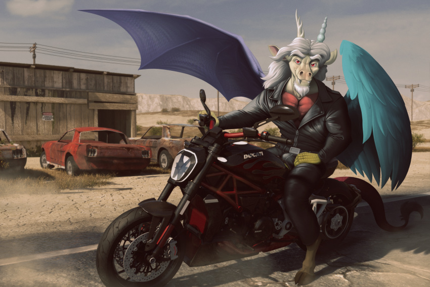 antlers car chimera clothing cloven_hooves discord_(mlp) draconequus fangs feathered_wings feathers friendship_is_magic hair hasbro hi_res hooves horn jacket leather leather_clothing leather_jacket leather_topwear long_hair looking_at_viewer male membrane_(anatomy) membranous_wings mismatched_wings motorcycle my_little_pony red_eyes road spotty_the_cheetah teeth topwear vehicle white_hair wings
