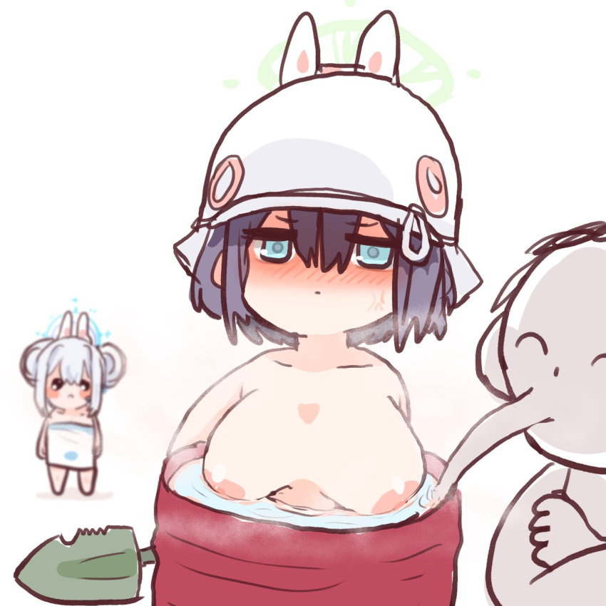 anger_vein animal_ears annoyed arona's_sensei_doodle_(blue_archive) bare_legs bathing black_hair blue_archive blue_eyes blue_halo blush blush_stickers breasts commentary double_bun drinking drum_(container) embarrassed fake_animal_ears green_halo hair_bun halo helmet hetero highres large_breasts light_frown long_mouth medium_hair miyako_(blue_archive) naked_towel nude pleading_eyes saki_(blue_archive) sensei_(blue_archive) shiming_liangjing short_hair shovel simple_background standing towel wading water white_background white_hair