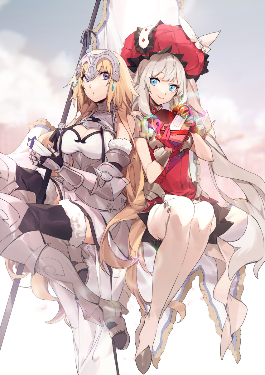 2girls absurdres armor blonde_hair blue_eyes chocolate cloud cloudy_sky fate/apocrypha fate/grand_order fate_(series) flag gift highres holding jeanne_d'arc_(fate) jeanne_d'arc_(third_ascension)_(fate) marie_antoinette_(fate) multiple_girls no-kan sitting skirt sky valentine white_hair