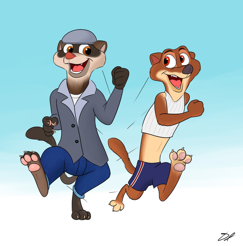 anthro barefoot blue_background brown_body brown_eyes clothed clothing disney domestic_ferret dominic_jenkins duke_weaselton duo feet hi_res looking_at_another male male/male mammal mustelid musteline open_mouth open_smile pawpads red_eyes running shirt signature simple_background smile tank_top topwear travis_(zootopia) true_musteline weasel zootopia