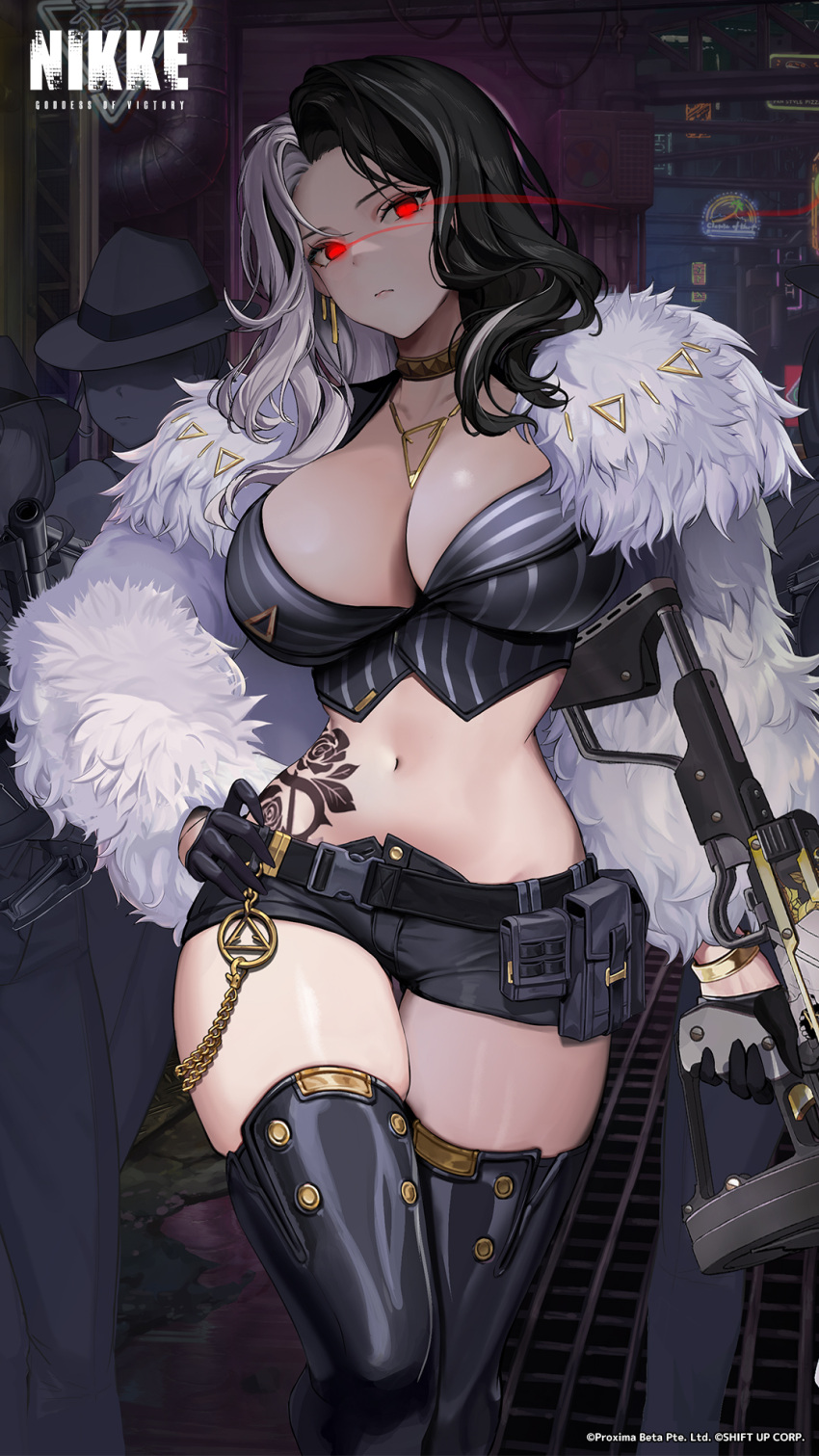 1girl black_footwear black_gloves black_hair black_shorts blush boots breasts choker cleavage closed_mouth coat copyright_name gloves goddess_of_victory:_nikke gun highres hip_tattoo holding holding_gun holding_weapon large_breasts long_hair long_sleeves looking_at_viewer micro_shorts midriff multicolored_hair navel official_art pinstripe_pattern red_eyes rosanna_(nikke) shorts solo_focus split-color_hair stomach striped tattoo thigh_boots thigh_gap thighs two-tone_hair weapon white_coat white_hair
