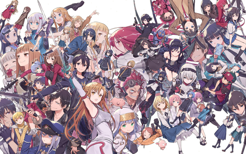 86_-eightysix- accel_world antenna_hair armor armpits arms_up artist_request asuna_(sao) black_eyes black_hair blue_jacket breastplate brown_eyes brown_hair bullpup butterfly_wings character_request copyright_request dengeki_bunko elbow_gloves elucidator gloves green_eyes grey_eyes gun hat highres holding holding_sword holding_weapon index_(toaru_majutsu_no_index) jacket kirito kuroyukihime llenn_(sao) long_hair long_legs military military_hat military_uniform nun p90 rapier red_hair robe short_hair spiked_hair submachine_gun sword sword_art_online sword_art_online_alternative:_gun_gale_online toaru_majutsu_no_index uniform vladilena_millize weapon white_armor white_robe wings