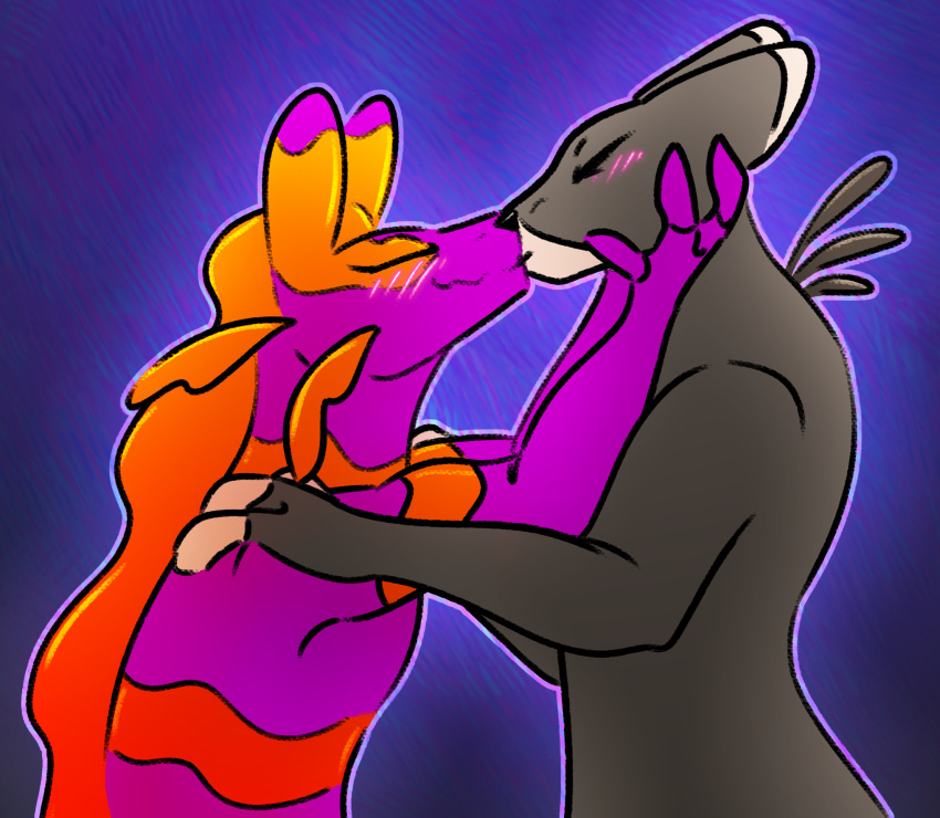 blue_background blush blush_lines duo dust_(kayw2324) eyes_closed fan_character female feral fin frill_(anatomy) gills grey_body hand_on_face hand_on_shoulder hi_res kayw2324 kiss_on_lips kissing male male/female markings orange_markings purple_body rain_world reverie_(kayw2324) simple_background slugcat_(rain_world) smile textured_background