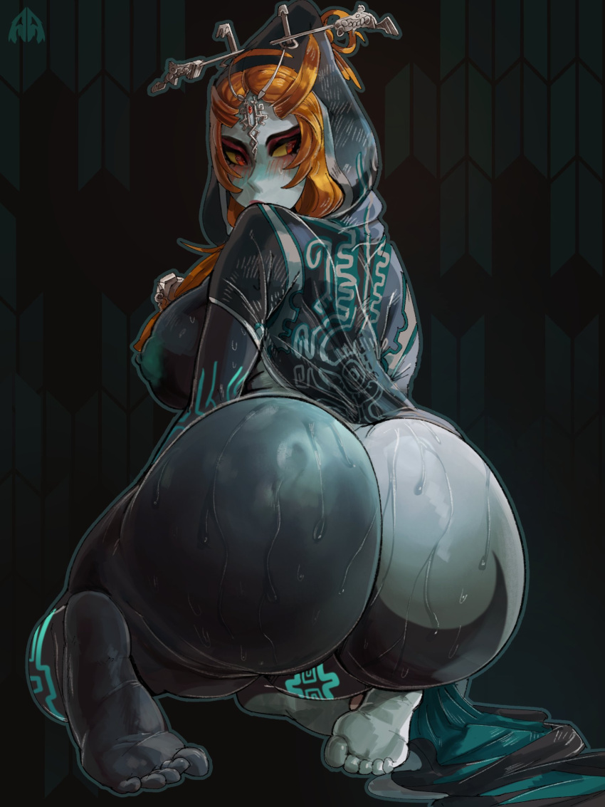 2023 5_toes absurd_res alamander areola barefoot big_breasts big_butt blush bodily_fluids breasts butt clothing eyebrows eyelashes feet female hair hi_res humanoid kneeling long_hair looking_aside looking_back markings midna_(true_form) nintendo nipples orange_hair rear_view red_eyes robe solo sweat the_legend_of_zelda thick_thighs toes twili twilight_princess yellow_sclera