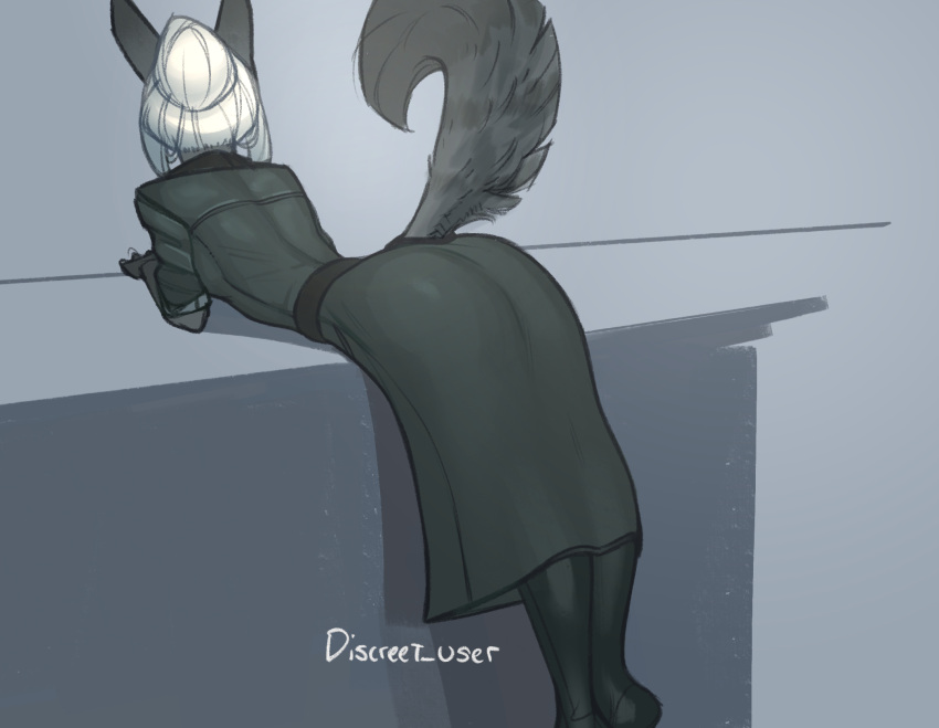 2023 anthro arched_back artist_name bent_over biped butt canid canine clothing digital_media_(artwork) discreet_user dress everly_(discreet_user) female fox fur furgonomics grey_body grey_clothing grey_dress grey_fur hair hi_res mammal raised_tail simple_background solo tail white_hair