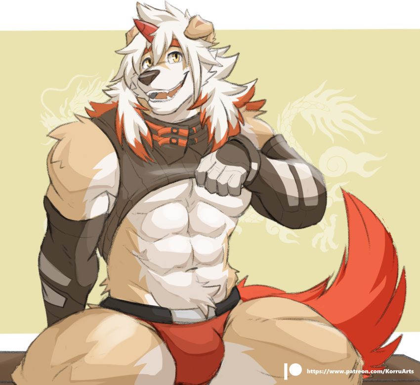 abs absurd_res anthro arknights bulge canid canine canis clothed clothing domestic_dog fur hair hi_res horn hung_(arknights) hypergryph lofnirv male mammal multicolored_hair muscular muscular_anthro muscular_male simple_background smile solo studio_montagne tail tan_body tan_fur teeth underwear white_body white_fur white_hair