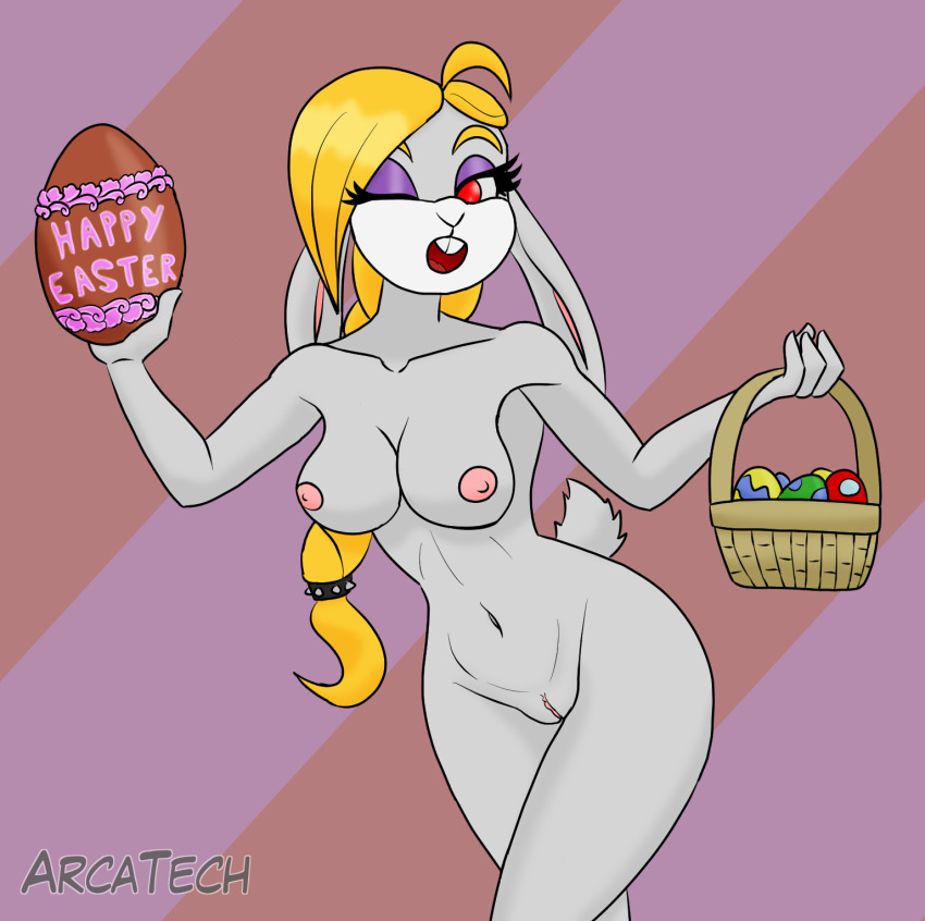 anthro arcatech blonde_hair broodal easter easter_egg female grey_body hair hariet_(mario) hi_res holidays lagomorph leporid mammal mario_bros nintendo nude rabbit red_eyes solo super_mario_odyssey tagme