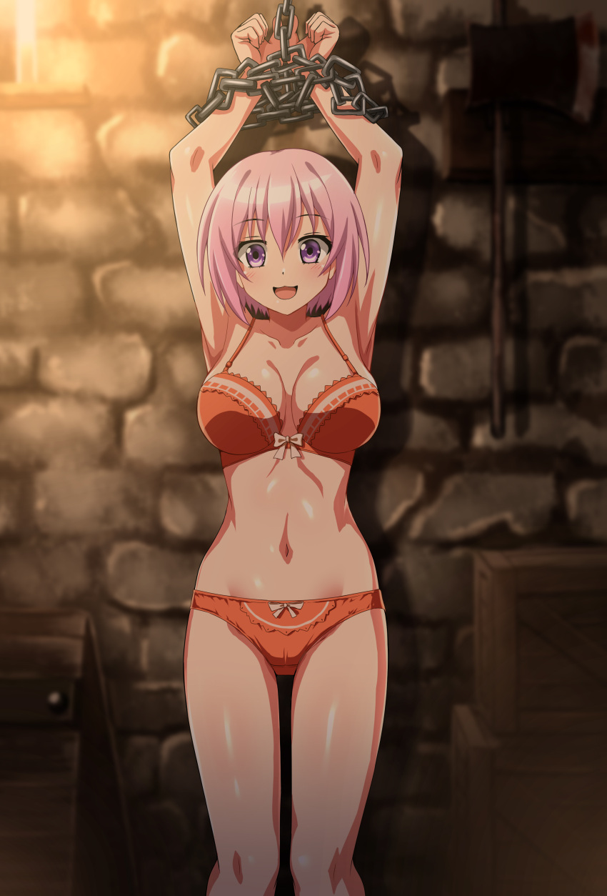 1girl absurdres arms_up bow bow_bra bow_panties bra breasts brick_wall chain choujin_koukousei-tachi_wa_isekai_demo_yoyuu_de_ikinuku_you_desu! commentary_request commission crotch_seam highres indoors lace-trimmed_bra lace_trim large_breasts looking_at_viewer navel open_mouth orange_bra orange_panties panties partial_commentary pink_eyes pink_hair pixiv_commission restrained sarutobi_shinobu short_hair smile solo standing underwear underwear_only zanntetu