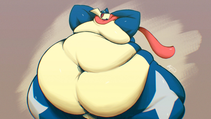 16:9 2023 anthro ayaxstudio belly big_belly biped digital_media_(artwork) generation_6_pokemon greninja hands_behind_head hi_res hyper hyper_belly male navel nintendo nude overweight overweight_anthro overweight_male pokemon pokemon_(species) simple_background smile solo thick_thighs tongue wide_hips widescreen