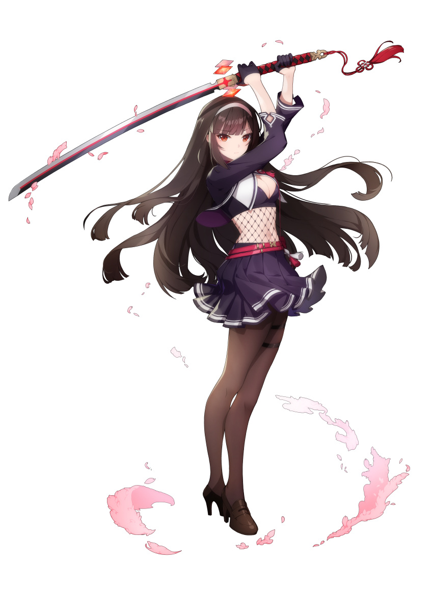 1girl absurdres aki_(eversoul) arms_up artist_request belt black_footwear black_gloves black_hair black_jacket black_shirt black_skirt breasts brown_pantyhose cherry_blossoms cleavage crop_top cropped_jacket eversoul fishnets floating_hair full_body gloves hairband half_gloves high_heels highres holding holding_sword holding_weapon jacket katana large_breasts long_hair long_sleeves looking_at_viewer midriff miniskirt navel official_art open_clothes open_jacket pantyhose petals pleated_skirt red_eyes shirt skirt solo standing stomach sword thigh_strap transparent_background v-shaped_eyebrows very_long_hair weapon