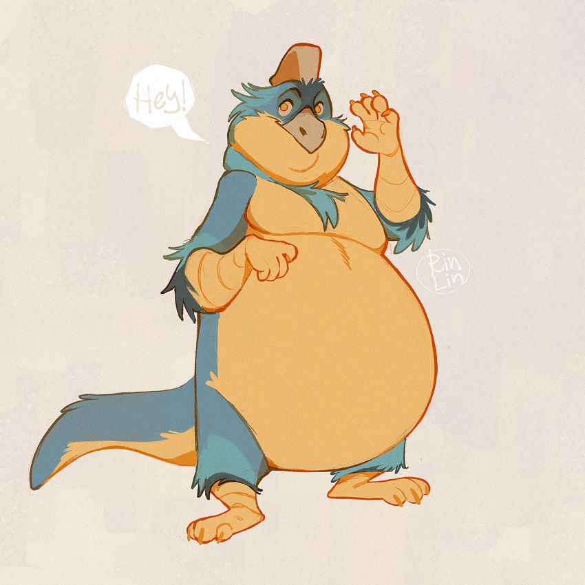 andromorph anthro belly chubby_anthro chubby_belly chubby_male dinosaur fluffy fluffy_chest friendly gesture greeting hi_res intersex koda-jd koda_jd male obese overweight oviraptor oviraptorid reptile scalie slightly_chubby solo theropod troj wave waving