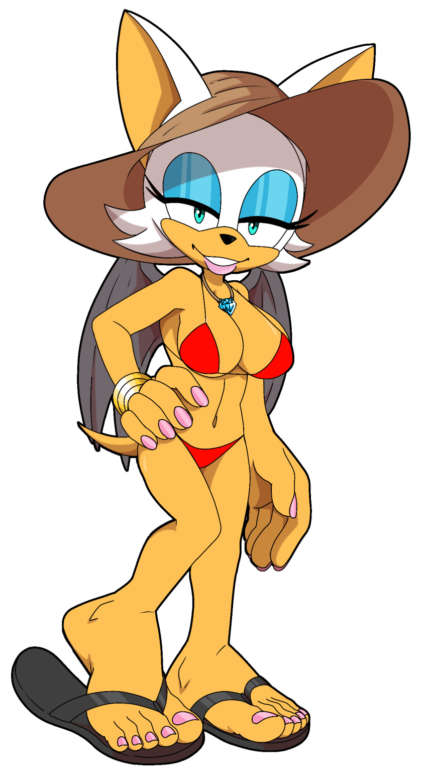 5_toes absurd_res bat bikini clothing colored_nails colored_toenails feet female flip_flops foot_ninja15 footwear hi_res humanoid mammal nails pink_toenails rouge_the_bat sandals sega solo sonic_the_hedgehog_(series) swimwear toenails toes