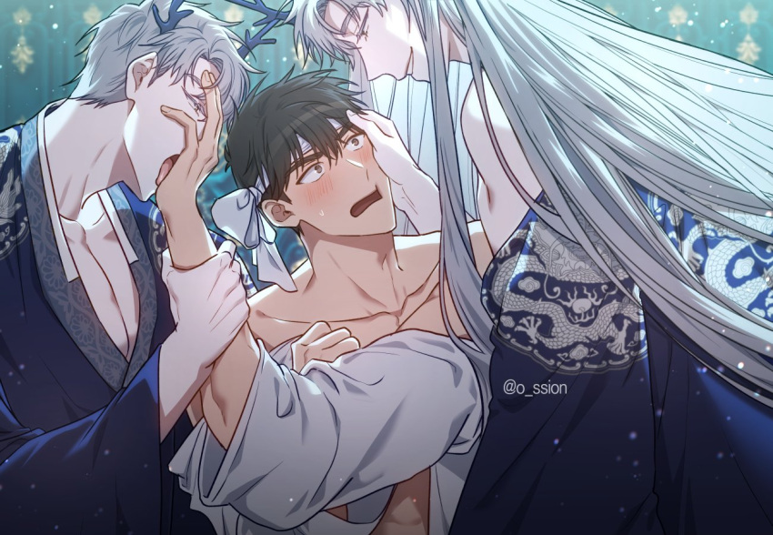 3boys bishounen blush brown_eyes brown_hair hands_on_another's_face headband ilay_riegrow jeong_taeui licking licking_hand long_hair male_focus multiple_boys o_ssion open_mouth passion_(manhwa) short_hair white_hair white_headband yaoi