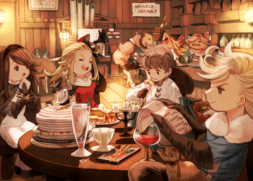 3girls 4boys agnes_oblige ahoge black_gloves blonde_hair blue_eyes bow bravely_default:_flying_fairy bravely_default_(series) brown_eyes brown_hair closed_eyes copyright_name cup datz_strongberry eating edea_lee elbow_gloves food gloves hair_bow hairband holding indoors irono16 long_hair long_sleeves looking_at_another multiple_boys multiple_girls open_mouth plate plate_stack pompadour proprietress_(bravely_default) ringabel short_hair sitting smile sweatdrop table tiz_arrior zatz_mightee