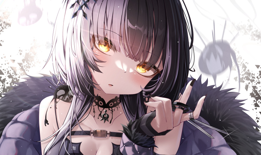 1girl absurdres black_dress black_hair black_nails blush dress highres hololive jewelry looking_at_viewer maeru multicolored_hair nail_polish open_mouth ring shiori_novella split-color_hair virtual_youtuber white_hair yellow_eyes yorick_(shiori_novella)