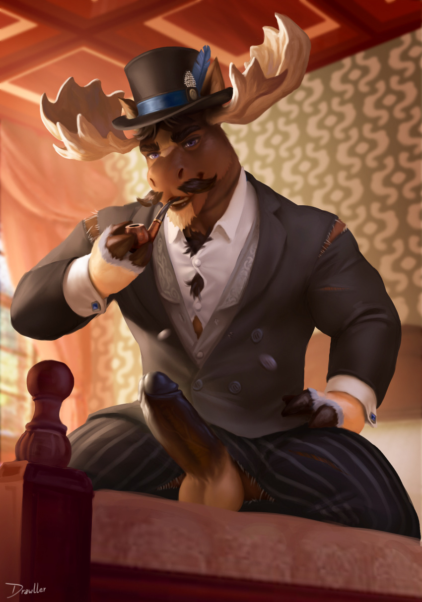 anthro antlers balls bed bedroom brown_hair clothing deer diffuse_moose drawller facial_hair fingers furniture genitals hair hi_res hooved_fingers hooves horn kneeling looking_at_viewer male mammal moose mustache new_world_deer on_bed penis smoking_pipe solo suit tuft vein veiny_penis victorian