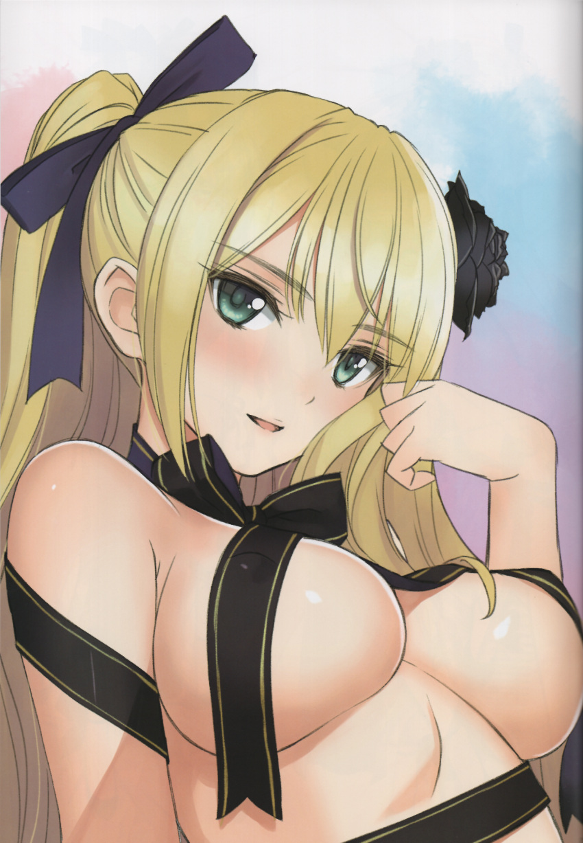 1girl absurdres bare_shoulders blonde_hair blush bow breasts green_eyes hair_bow hair_ornament hand_up highres jin-lian long_hair looking_at_viewer medium_breasts open_mouth original scan shiny_skin simple_background smile solo tony_taka upper_body