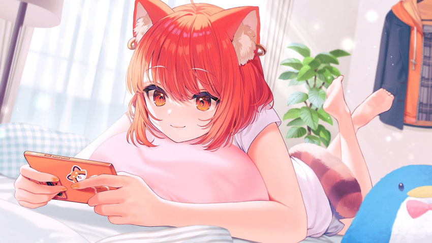 1girl animal_ear_fluff animal_ears ayame_(3103942) barefoot blue_shorts blush cellphone curtains ear_piercing earrings eyelashes feet feet_up full_body holding holding_phone indoors jacket jacket_removed jewelry lying medium_hair nijisanji on_stomach orange_eyes orange_hair phone piercing pillow plant ratna_petit red_panda_ears red_panda_girl red_panda_tail shirt short_shorts shorts sidelocks smartphone smile soles solo striped_tail stuffed_animal stuffed_penguin stuffed_toy tail toes virtual_youtuber white_shirt