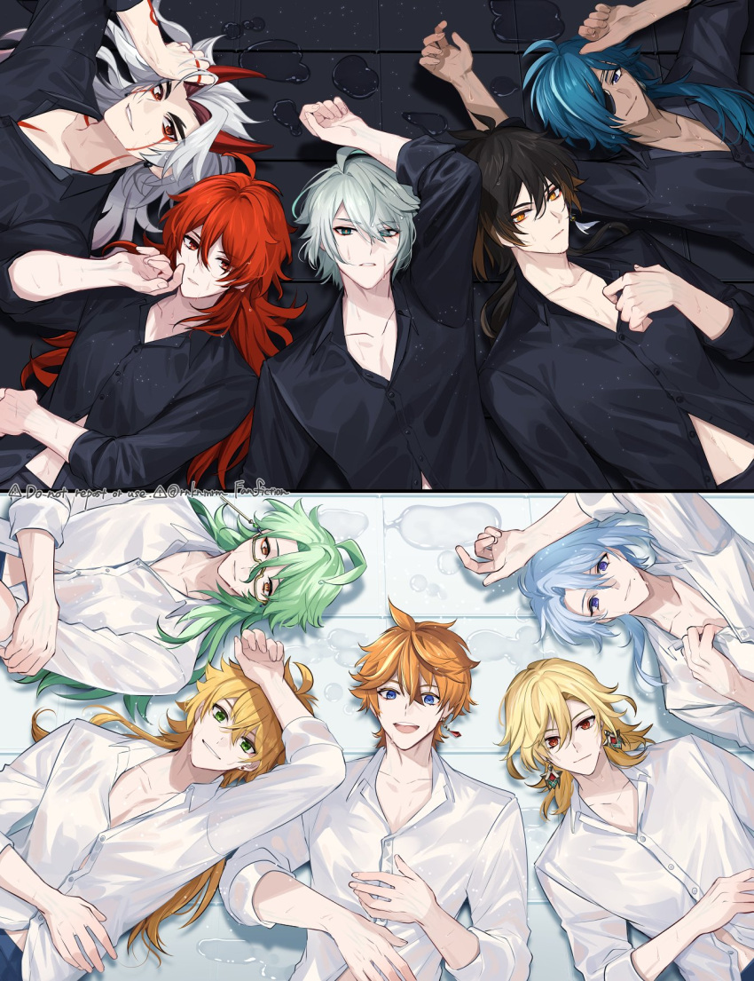 6+boys :d ahoge alhaitham_(genshin_impact) antenna_hair arataki_itto baizhu_(genshin_impact) black_shirt black_vs_white blonde_hair blue_eyes blue_hair bodypaint brown_eyes brown_hair buttons collarbone collared_shirt colored_inner_hair commentary_request crossed_bangs dark-skinned_male dark_skin diluc_(genshin_impact) earrings eyepatch eyes_visible_through_hair facepaint genshin_impact glasses green_eyes green_hair grey_hair hair_between_eyes hair_down hair_intakes hair_ornament hair_over_one_eye hair_stick hand_up highres horns jewelry kaeya_(genshin_impact) kamisato_ayato kaveh_(genshin_impact) long_hair long_sleeves looking_at_viewer lying male_focus mole mole_under_mouth multicolored_hair multiple_boys on_back one_eye_covered oni_horns open_clothes open_collar open_mouth orange_hair parted_bangs parted_lips pectoral_cleavage pectorals puddle purple_eyes red_eyes red_hair red_horns rnknmrm semi-rimless_eyewear shirt short_hair single_earring sleeves_rolled_up smile smirk streaked_hair stud_earrings swept_bangs tartaglia_(genshin_impact) teeth thick_eyebrows thoma_(genshin_impact) tile_floor tiles under-rim_eyewear upper_teeth_only water wet wet_clothes wet_shirt white_hair white_shirt zhongli_(genshin_impact)