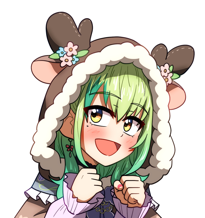 1girl :d animal_hood blush bow bow_earrings brown_capelet capelet ceres_fauna ceres_fauna_(jirai_kei) clenched_hand commentary ddolbang deer_hood earrings english_commentary fur-trimmed_capelet fur-trimmed_hood fur_trim green_hair highres hololive hololive_english hood hood_up hooded_capelet jewelry long_hair long_sleeves looking_at_viewer mole mole_under_eye multicolored_hair official_alternate_costume open_mouth shirt simple_background smile solo streaked_hair upper_body virtual_youtuber white_background white_shirt yellow_eyes