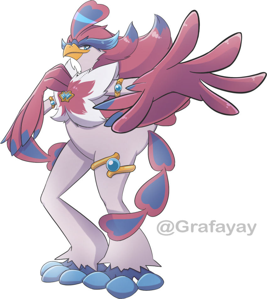 alpha_channel ambiguous_gender anthro beak biped blue_eyes generation_9_pokemon grafayay hi_res jewelry nintendo pink_body pokemon pokemon_(species) quaquaval reaching_towards_viewer simple_background solo transparent_background white_body