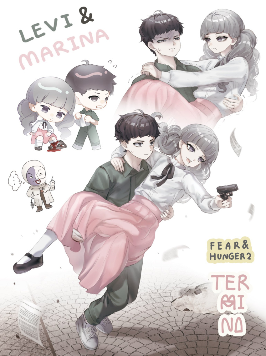 1other 2boys black_hair blood english_text fear_&amp;_hunger fear_&amp;_hunger_2:_termina foothold_trap green_jumpsuit grey_hair gun highres holding holding_gun holding_weapon jumpsuit levi_(fear_&amp;_hunger) lilio marina_(fear_&amp;_hunger) multiple_boys otoko_no_ko pink_skirt short_twintails skirt twintails weapon