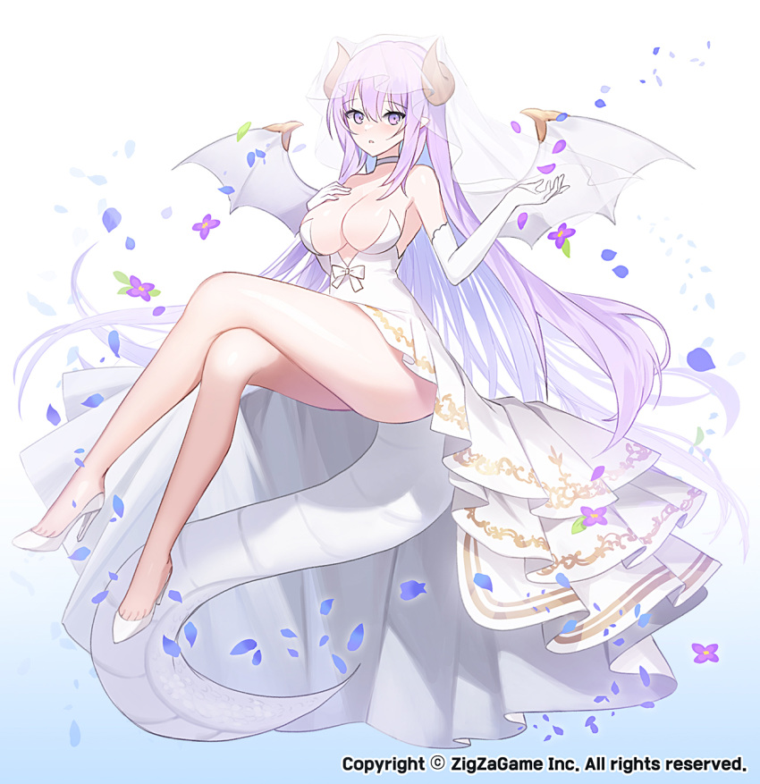 1girl apple_caramel blue_background blue_flower blush breasts bridal_veil cleavage copyright_notice crossed_legs curled_horns dragon_girl dragon_horns dragon_tail dragon_wings dress elbow_gloves falling_petals flower full_body gloves gradient_background grey_choker hair_between_eyes hand_on_own_chest hand_up high-low_skirt high_heels highres horns invisible_chair large_breasts long_hair looking_at_viewer low_neckline neomonsters official_art parted_lips petals pointy_ears purple_eyes purple_flower purple_hair sidelocks sitting strapless strapless_dress tail thighs toe_cleavage veil wedding_dress white_background white_dress white_footwear white_gloves white_veil white_wings wings