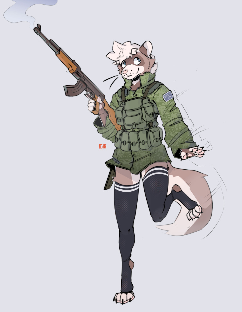 absurd_res ak-47 anthro assault_rifle claws clothing domestic_ferret gael_(candyferret) gear gun hi_res humanoid korsakovmapo8 legwear long_socks male mammal military military_jacket mustelid musteline pawpads paws ranged_weapon rifle smile solo topwear true_musteline vest weapon weasel