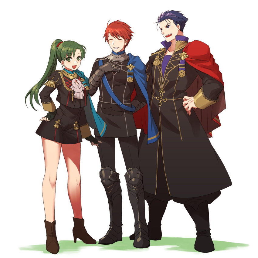 1girl 2boys alternate_costume aqua_cape armored_boots black_footwear black_gloves black_pants blue_cape blue_eyes blue_hair boots brown_footwear cape closed_eyes commentary_request eliwood_(fire_emblem) fingerless_gloves fire_emblem fire_emblem:_the_blazing_blade fire_emblem:_three_houses garreg_mach_monastery_uniform gauntlets gloves green_eyes green_hair grin hair_tie hector_(fire_emblem) high_heels highres kori_kms long_hair long_sleeves lyn_(fire_emblem) multicolored_hair multiple_boys open_mouth pants ponytail red_cape red_hair short_hair smile uniform white_background