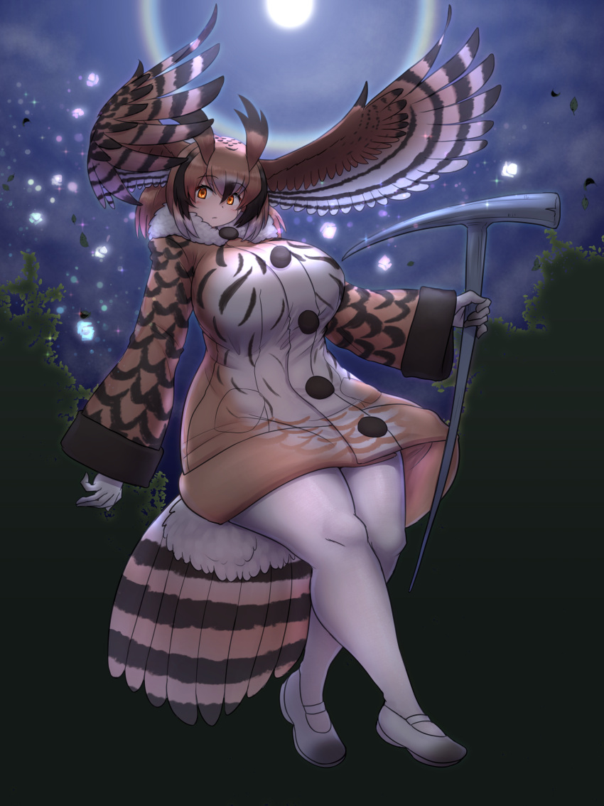 absurd_res animal_humanoid assistant_mimi-chan avian avian_humanoid big_breasts bird_humanoid black_hair breasts brown_body brown_eyes brown_feathers brown_hair clothed clothing ear_tuft feathered_wings feathers female footwear gradient_hair hair head_wings hi_res holding_object holding_weapon humanoid kemono_friends legwear light mary_janes medium_length_hair mo23 moon moonlight multicolored_hair night owl_humanoid poncho shoes solo tail tail_feathers tights tuft weapon white_hair wings