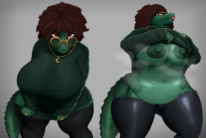 2023 absurd_res ahoeforcoffee anthro areola background_character belly big_areola big_belly big_breasts bodily_fluids breasts brown_eyes brown_hair clothed clothing clothing_lift digital_drawing_(artwork) digital_media_(artwork) eyewear female glasses goodbye_volcano_high green_body green_scales grey_background hair hi_res huge_areola jewelry legwear lizard long_tail looking_at_viewer navel necklace nipples overweight overweight_anthro overweight_female reptile scales scalie shirt shirt_lift simple_background smile snoot_game_(fan_game) snout solo spikes spikes_(anatomy) stockings sweat tail thick_thighs tongue tongue_out topwear undressing wide_hips