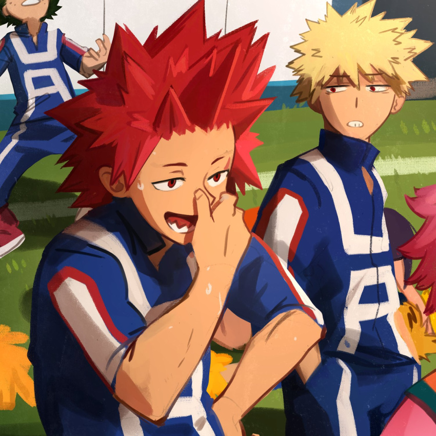 1girl 3boys ashido_mina bakugou_katsuki blonde_hair blue_pants boku_no_hero_academia day facing_up grass hand_on_own_nose highres khyle. kirishima_eijirou looking_at_another lower_teeth_only male_focus midoriya_izuku multiple_boys pants pink_hair red_hair sharp_teeth shoes short_hair short_sleeves smile spiked_hair sweat teeth u.a._gym_uniform white_pants