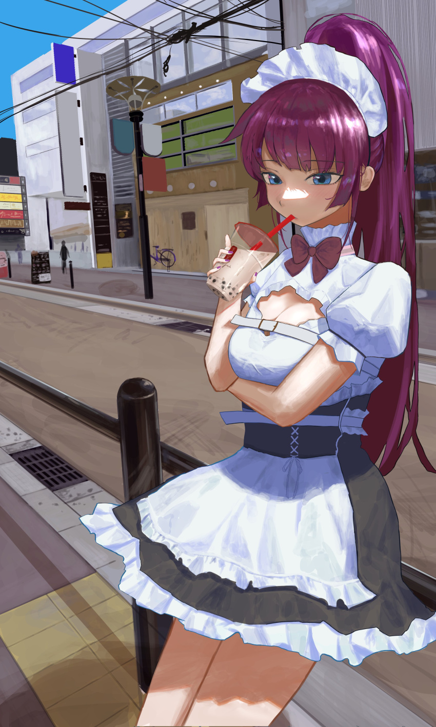 1girl 1other absurdres against_railing alternate_costume alternate_hairstyle apron arm_under_breasts belt black_dress blue_eyes blush bow bowtie breasts bubble_tea building chiruinu cleavage cleavage_cutout clothing_cutout collar commentary_request dress drinking_straw drinking_straw_in_mouth enmaided eyelashes feet_out_of_frame frilled_apron frilled_collar frilled_dress frilled_sleeves frills hand_up high_ponytail highres holding large_breasts maid maid_apron maid_headdress monogatari_(series) outdoors ponytail power_lines puffy_short_sleeves puffy_sleeves purple_hair railing red_bow red_bowtie senjougahara_hitagi shadow short_dress short_sleeves sidelocks solo_focus thighs two-tone_dress white_apron white_belt white_dress