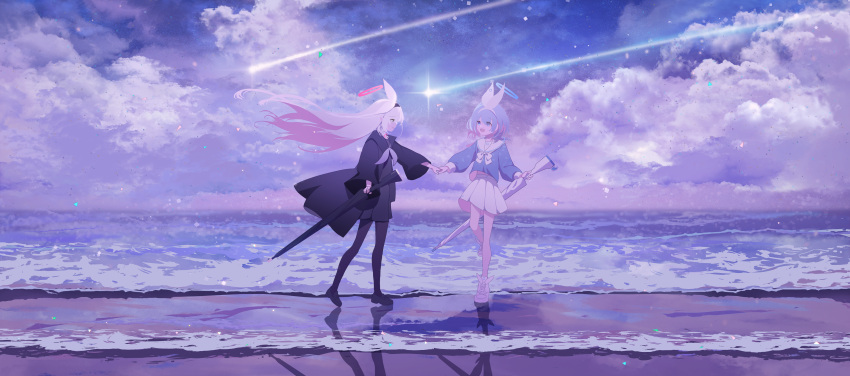 2girls absurdres arona_(blue_archive) beach black_coat black_pantyhose black_shirt blue_archive blue_hair blue_halo blue_shirt cloud cloudy_sky coat colored_inner_hair english_commentary full_body hair_ribbon halo hand_grab highres holding holding_umbrella k.n.q long_hair long_sleeves multicolored_hair multiple_girls neckerchief night night_sky ocean open_clothes open_coat pantyhose pink_hair plana_(blue_archive) pleated_skirt red_halo ribbon sailor_collar scenery shirt shoes shooting_star skirt sky standing standing_on_one_leg star_(sky) starry_sky umbrella very_long_hair walking white_footwear white_hair white_neckerchief white_ribbon white_sailor_collar white_skirt