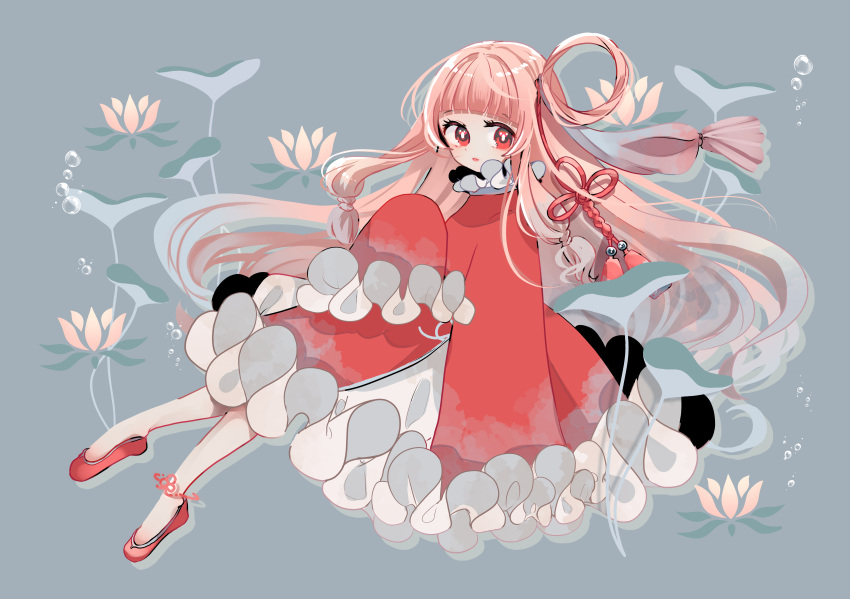 1girl absurdres air_bubble alternate_costume blunt_bangs bright_pupils bubble chinese_clothes commentary_request dress expressionless flats floating_hair floral_background flower flower_knot frilled_dress frills grey_background hair_ornament highres kotonoha_akane lily_pad long_hair looking_at_viewer lotus low_tied_sidelocks oyasumi_makura parted_lips pink_hair red_dress red_eyes red_footwear sidelocks single_hair_ring sleeves_past_fingers sleeves_past_wrists solo tassel tassel_hair_ornament very_long_hair voiceroid white_pupils