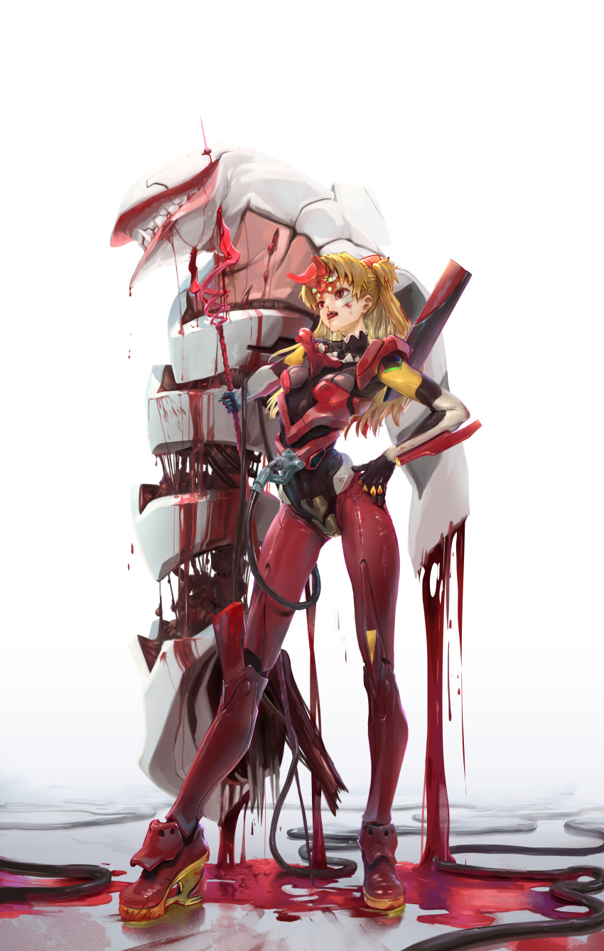 1girl absurdres blonde_hair blood blood_in_hair blood_on_face bodysuit breasts covered_collarbone eva_02 full_body hand_on_own_hip highres holding holding_polearm holding_weapon lance_of_longinus_(evangelion) legs_apart long_hair mass_production_eva neon_genesis_evangelion nosebleed open_mouth pilot_suit plugsuit polearm pool_of_blood red_eyes simple_background small_breasts solo souryuu_asuka_langley standing teeth tenshinhannnn tongue tongue_out turtleneck upper_teeth_only weapon white_background