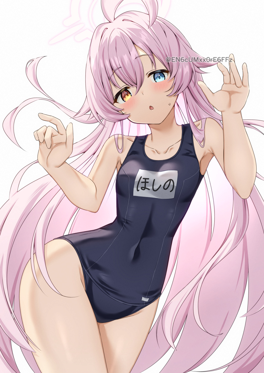 1girl absurdres ahoge bad_anatomy bare_arms bare_legs bare_shoulders black_one-piece_swimsuit blue_archive blue_eyes blush cowboy_shot hair_between_eyes halo heterochromia highres hoshino_(blue_archive) long_hair looking_at_viewer name_tag one-piece_swimsuit open_mouth pink_hair pink_halo school_swimsuit simple_background solo swimsuit twitter_username very_long_hair white_background yamano_rokamizu yellow_eyes