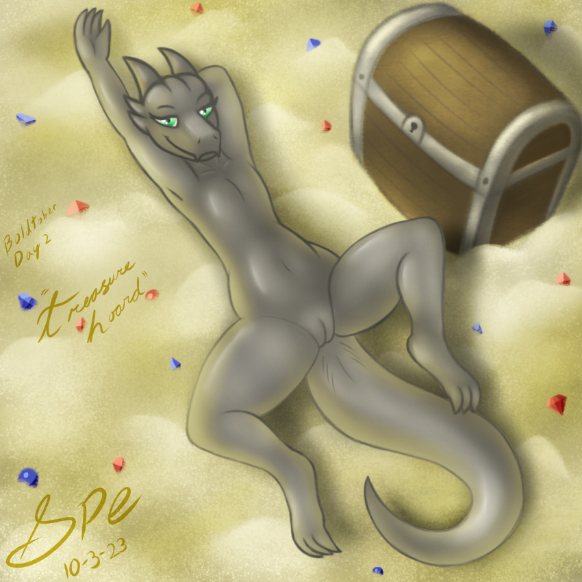 2023 2_horns 3_toes 4_fingers anthro bedroom_eyes big_tail bird's-eye_view dated digital_drawing_(artwork) digital_media_(artwork) digitigrade english_text eyelashes feet female fingers flat_chested gem genitals gold_(metal) green_eyes grey_body grey_horn hi_res high-angle_view horn kobold light lighting long_tail looking_at_viewer lying narrowed_eyes navel nude on_back pooky_(pooky's_goodra) pussy scalie seductive shaded signature smile smiling_at_viewer soft_shading solo spe spread_legs spreading tail tail_dimple tapering_tail text thick_tail thick_thighs toes treasure treasure_chest treasure_hoard wide_hips