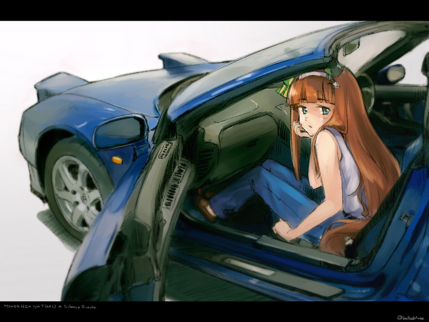 1girl animal_ears artist_name balladeluce bare_shoulders blue_car blue_pants car car_door car_interior commentary_request hairband highres hime_cut honda honda_nsx horse_ears horse_girl letterboxed long_hair motor_vehicle open_door orange_hair pants parted_lips shirt silence_suzuka_(umamusume) simple_background sleeveless sleeveless_shirt solo twitter_username umamusume vehicle_focus white_background white_hairband white_shirt