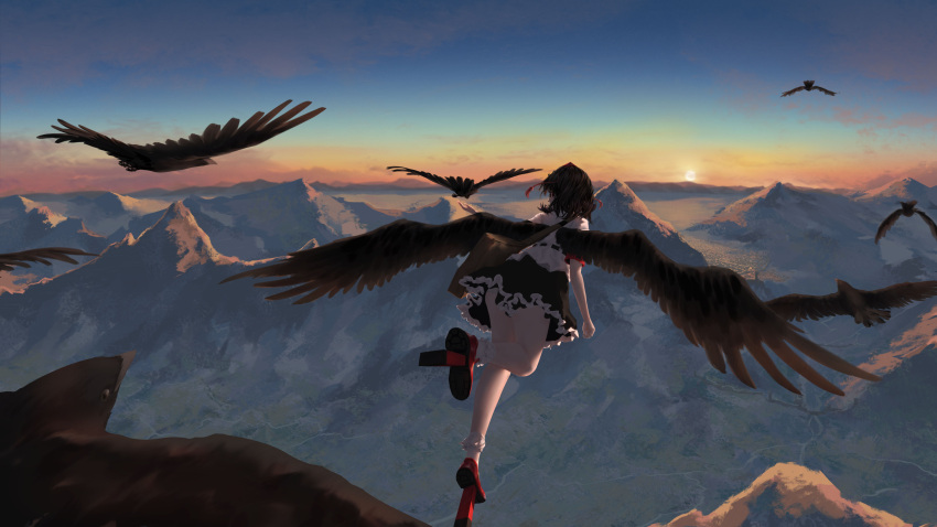 1girl absurdres animal bird bird_wings black_hair black_skirt black_wings chinese_commentary crow fasnakegod feathered_wings frilled_skirt frills geta hat highres mountain outdoors red_footwear red_headwear shameimaru_aya shirt short_hair short_sleeves skirt socks solo tengu-geta tokin_hat touhou white_shirt white_socks wings