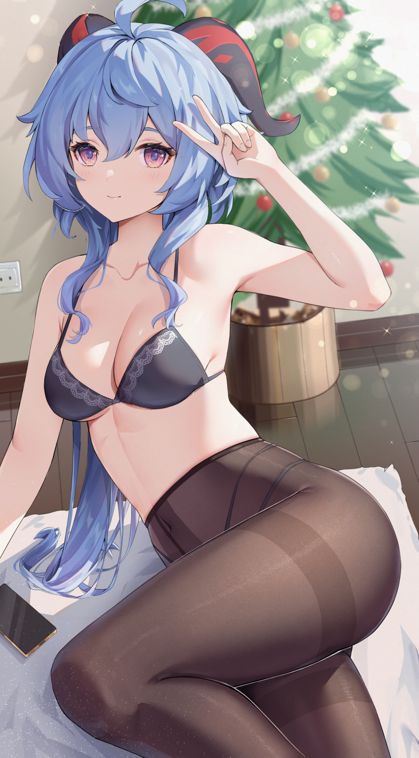 1girl absurdres ahoge alternate_costume arm_support arm_up black_panties black_pantyhose blue_hair breasts cellphone christmas_tree closed_mouth commentary_request contemporary covered_navel crop_top electrical_outlet feet_out_of_frame ganyu_(genshin_impact) genshin_impact goat_horns gradient_eyes hair_between_eyes highres horns indoors leaning_to_the_side linea_alba long_hair looking_at_viewer medium_breasts multi-strapped_panties multicolored_eyes paid_reward_available panties panties_under_pantyhose pantyhose phone plant potted_plant purple_eyes reflective_floor rosumerii see-through see-through_legwear shirt short_sleeves sidelocks sitting smartphone smile solo sparkle string_panties t-shirt thighband_pantyhose thighs thong underwear v wall white_shirt wooden_floor
