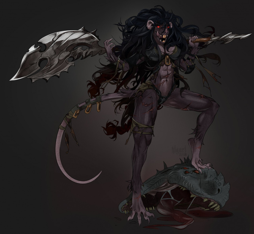 2018 4_toes 5_fingers abdominal_scar abs ankle_tuft anthro arm_tuft athletic athletic_anthro athletic_female axe big_hair biped black_hair blood blood_pool bodily_fluids breasts claws clothing dated decapitation digitigrade facial_scar feet female fingers foot_on_head full-length_portrait fur glowing glowing_eyes grey_body grey_fur hair holding_axe holding_object holding_weapon kiguri leg_scar leg_tuft mammal medium_breasts messy_hair murid murine muscular_thighs navel notched_ear open_mouth portrait pose rat red_eyes rodent scar scars_all_over severed_head sharp_teeth signature simple_background skaven solo standing tail teeth thong toe_claws toes tongue tongue_out topwear torn_clothing tuft underwear warhammer_(franchise) weapon wrist_tuft