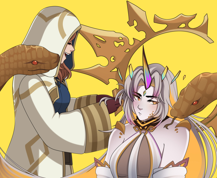 2girls animal bare_shoulders blonde_hair blue_shirt blush braiding_hair brown_hair closed_eyes closed_mouth commentary deebyfeeby english_commentary fire_emblem fire_emblem_heroes grey_hair gullveig_(fire_emblem) gullveig_(seer_beyond_time)_(fire_emblem) hairdressing hands_on_another's_head highres hood hood_up hooded_robe horns kiran_(female)_(fire_emblem) kiran_(fire_emblem) long_hair multicolored_hair multiple_girls official_alternate_costume open_clothes open_robe pale_skin parted_bangs robe seidr_(fire_emblem) shirt simple_background single_horn smile snake snake_hair teeth two-tone_hair upper_teeth_only very_long_hair wide_sleeves yellow_background yellow_eyes yuri