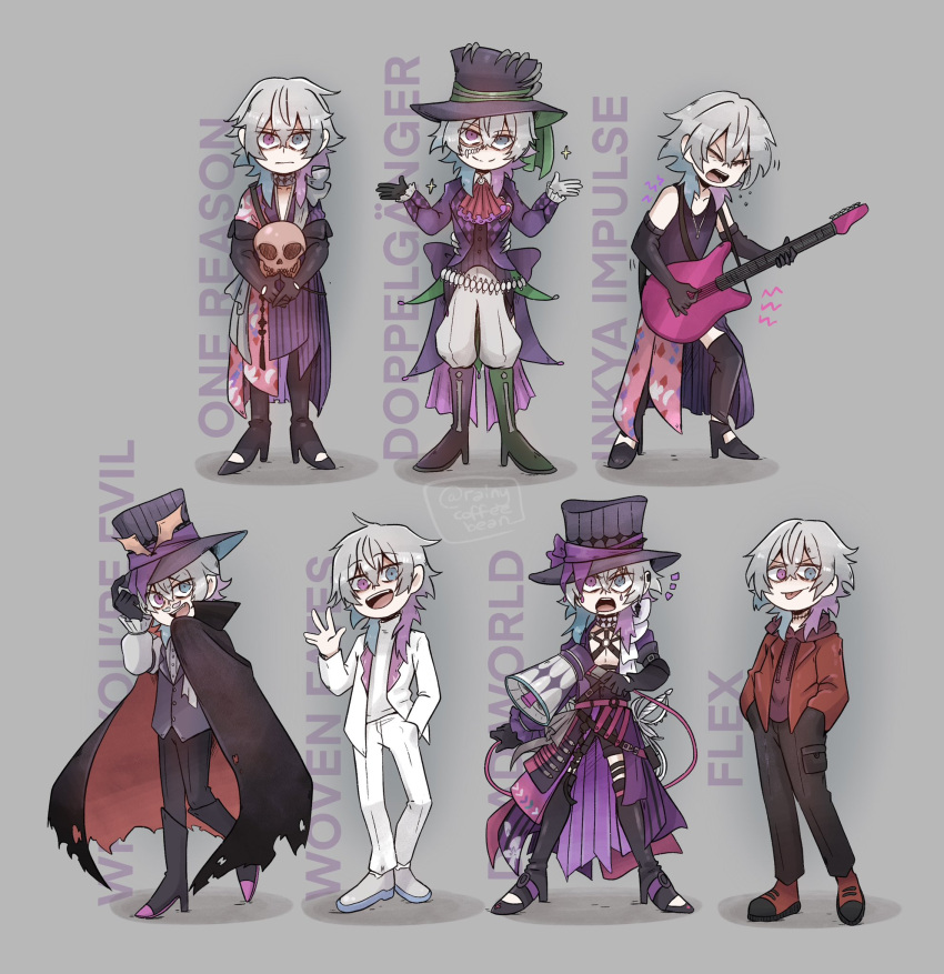 6+boys alternate_costume artist_name ascot black_cape black_footwear black_gloves black_pants black_shorts blue_eyes blue_hair boots cape choker coat detached_sleeves earrings english_commentary english_text facing_viewer full_body gavis_bettel gloves grey_background grey_hair guitar hands_in_pockets hat hat_ribbon heterochromia high_heel_boots high_heels highres holding holding_megaphone holding_skull holostars holostars_english hood hoodie instrument jacket jewelry looking_at_viewer male_focus medium_hair megaphone multicolored_coat multicolored_hair multiple_boys music necklace pants pink_eyes pink_hair playing_guitar rainycoffeebean red_ascot red_hoodie ribbon shadow shorts singing sketch skull smile solo sparkle standing sweater thigh_strap toe_cleavage tongue tongue_out top_hat torn_cape torn_clothes turtleneck turtleneck_sweater twitter_username virtual_youtuber waistcoat waving white_gloves white_jacket white_pants