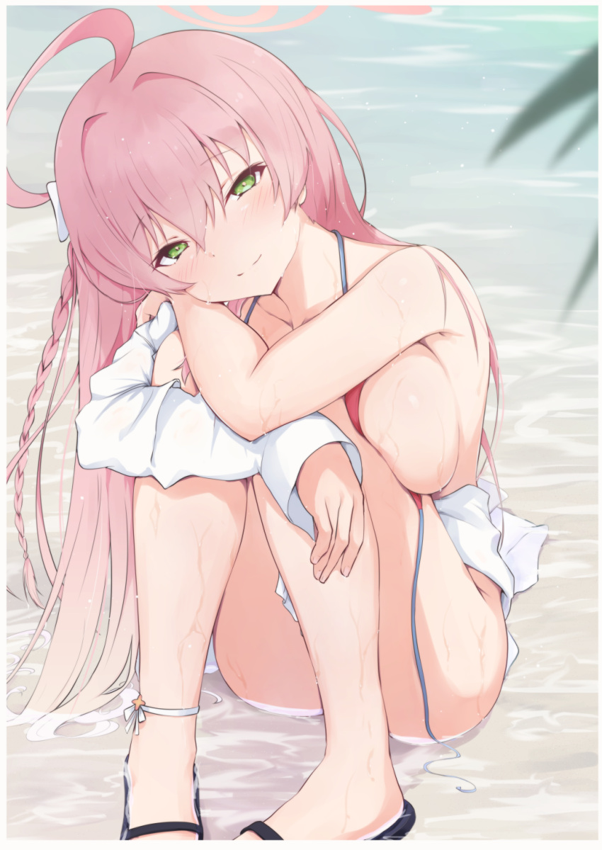 1girl ahoge benetto bikini bikini_top_only black_footwear blue_archive blush border bottomless braid breasts closed_mouth collarbone commentary_request convenient_leg feet_out_of_frame gradient_hair green_eyes hair_between_eyes halo hanako_(blue_archive) hanako_(swimsuit)_(blue_archive) head_tilt highres hugging_own_legs knees_up large_breasts light_smile long_hair looking_at_viewer multicolored_hair official_alternate_costume outdoors partial_commentary pink_hair pink_halo red_bikini sandals shirt shirt_partially_removed single_braid sitting solo split_mouth swimsuit wading water wet white_border white_shirt