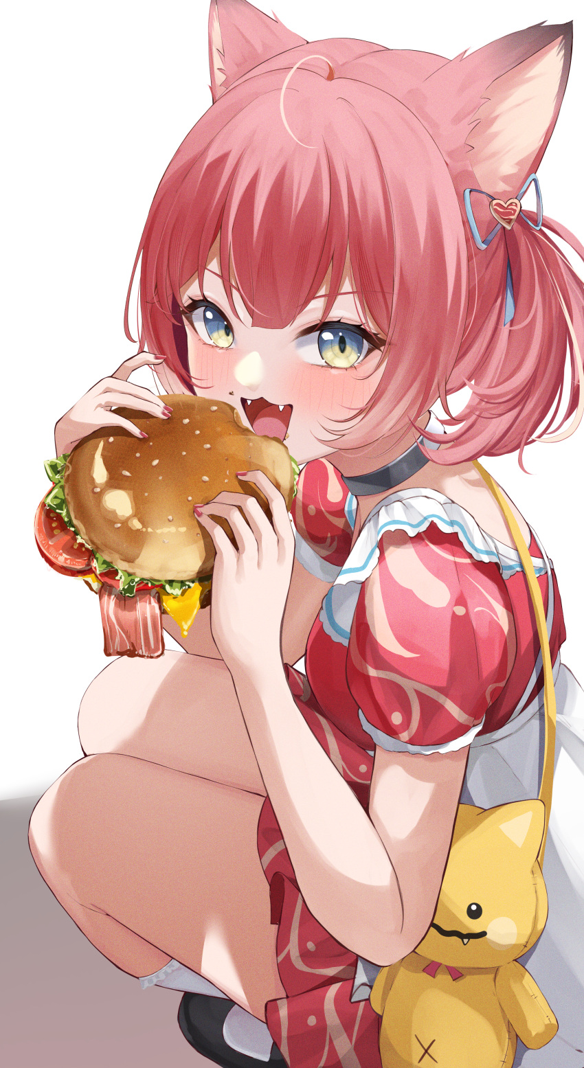 1girl absurdres ahoge akami_karubi animal_ears blue_eyes blush burger cat_ears eating fangs food hair_between_eyes highres holding holding_food horo_27 indie_virtual_youtuber looking_at_viewer open_mouth red_hair ribbon short_hair solo twintails virtual_youtuber white_background