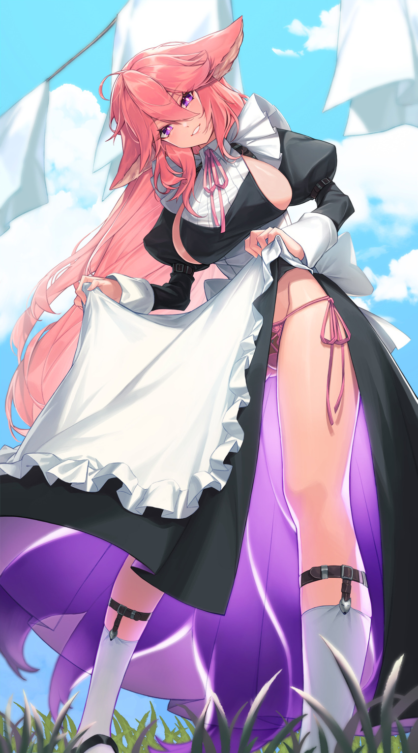 1girl absurdres animal_ears apron ass_visible_through_thighs blue_archive blush breasts dress fox_ears frilled_apron frills genshin_impact hair_between_eyes highres large_breasts long_hair long_sleeves looking_at_viewer maid outdoors panties pink_hair puffy_long_sleeves puffy_sleeves purple_eyes ribbon side-tie_panties sideboob smile socks solo sunnillust thighhighs thighs underwear yae_miko