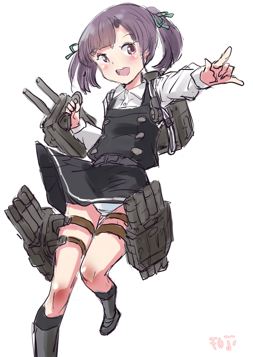 1girl adapted_turret brown_eyes cannon collared_shirt dress dress_shirt feet_out_of_frame fuji_(pixiv24804665) grey_hair highres kantai_collection machinery medium_hair ooshio_(kancolle) ooshio_kai_ni_(kancolle) panties pantyshot pinafore_dress shirt short_twintails simple_background sleeveless sleeveless_dress solo torpedo_launcher turret twintails underwear white_background white_panties white_shirt